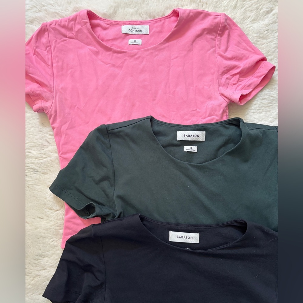 Babaton and Contour T-Shirts in Pink, Green, and Black